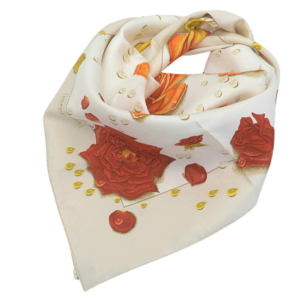 Hermes Carre 90 LA ROSEE (Rose Drop) Scarf/Muffler, Silk, Light Beige, Orange... - Picture 3 of 9